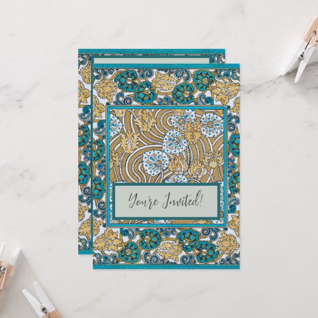cyclamen blue art nouveau flower wallpaper  invitation (Front/Back In Situ)