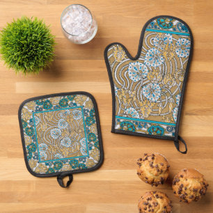 cyclamen blue art nouveau flower wallpaper  oven mitt & pot holder set