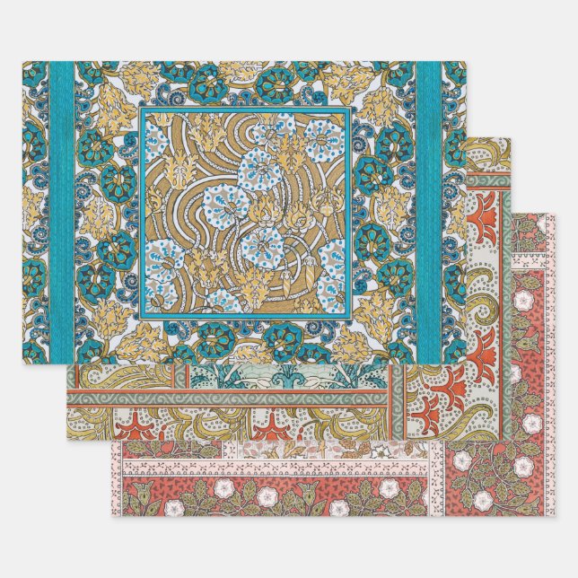 cyclamen blue art nouveau flower wallpaper  wrapping paper sheet (Set)