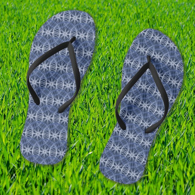 Cycle wheel blue pattern flip flops (Showing narrow black straps option)