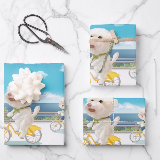 Cycling by the Sea: Smiling Bichon & Bao Bao Art Wrapping Paper Sheet (Front)