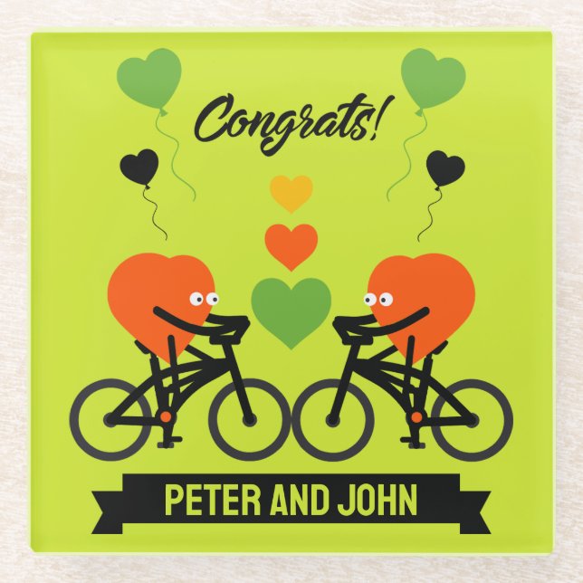 Cycling Couple Romantic Wedding And Valentine Glass Coaster (Front)