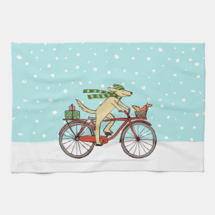 Cycling Dog and Squirrel Winter Holiday Kitchen Towel