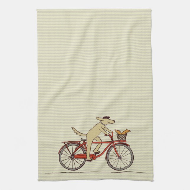 Cycling Dog with Squirrel Friend - Fun Animal Art Kitchen Towel (Vertical)