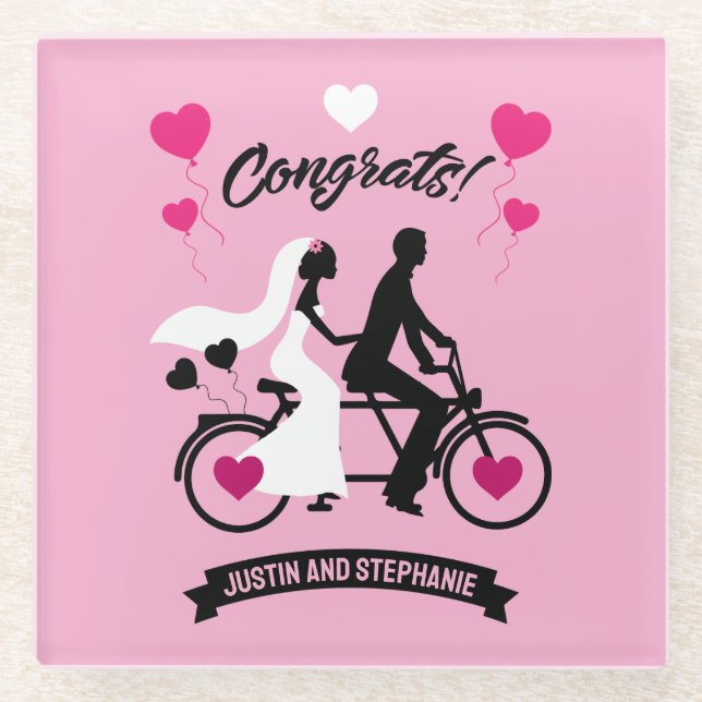 Cycling Tandem Romantic Wedding And Engagement Glass Coaster (Front)