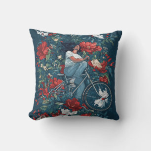 Cyclist and Flowers Throw Pillow