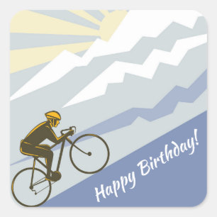 Cyclist Biking Mountain Road Bike Happy Birthday Square Sticker