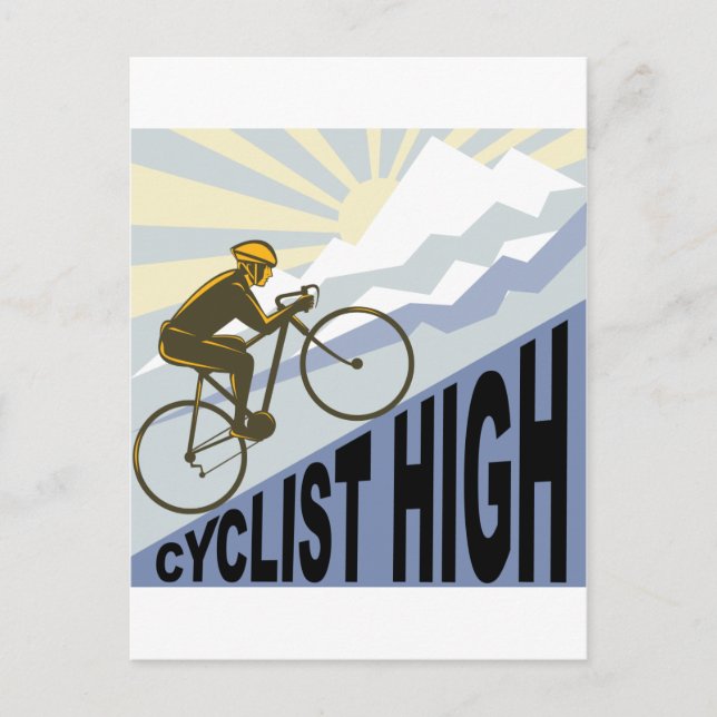 Cyclist racing bike up steep mountain retro style postcard (Front)