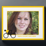 Cyclist riding his bicycle custom plaque<br><div class="desc">Cyclist riding his bicycle custom plaque that showcases a minimalist icon of a black cycling silhouette wearing yellow top and your text on white background with yellow border. This cool design is a template and it is completely customizable. Personalize it and change text with monogram,  name or your message.</div>