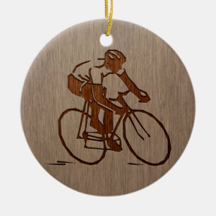 Cyclist silhouette engraved on wood design ceramic ornament