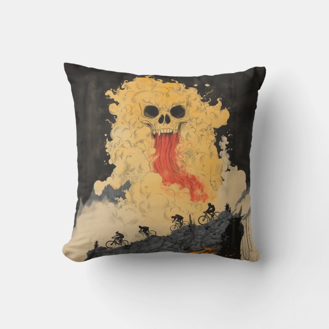 Cyclists and Fire-Breathing Yokai Throw Pillow (Front)