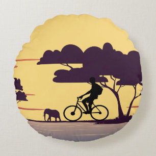 Cycologist-Safari bike tour with sunset Elephant Round Pillow