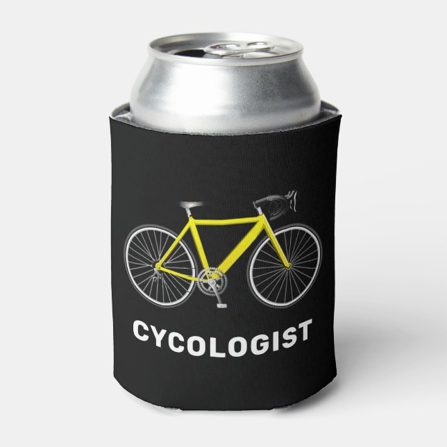 Cycologist Text and Yellow Bicycle Can Cooler (Can Front)