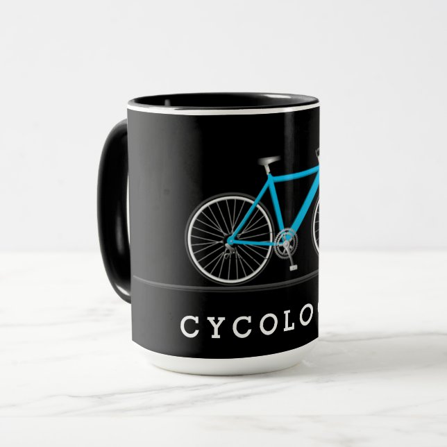 Cycologist text with aqua bicycle mug (Front Left)