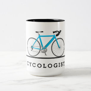 Cycologist text with aqua bicycle Two-Tone coffee mug