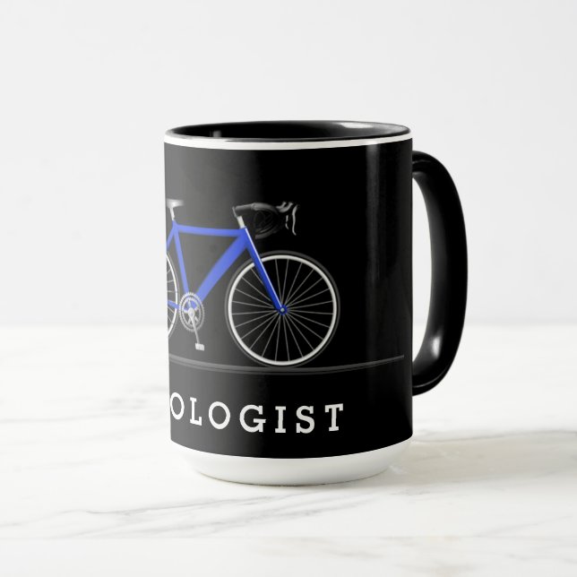 Cycologist text with blue bicycle mug (Front Right)