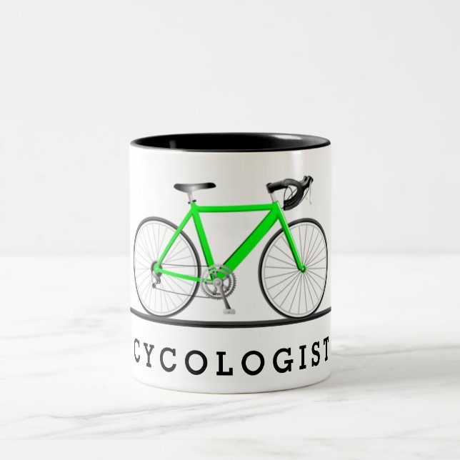 Cycologist text with green bicycle Two-Tone coffee mug (Center)