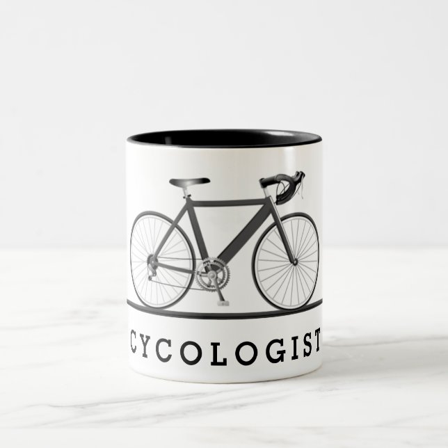 Cycologist text with grey bicycle Two-Tone coffee mug (Center)