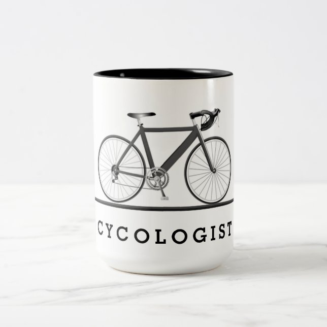 Cycologist text with grey bicycle Two-Tone coffee mug (Center)