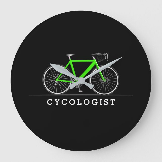 Cycologist text with neon green bicycle large clock (Front)