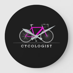 Cycologist text with pink bicycle large clock