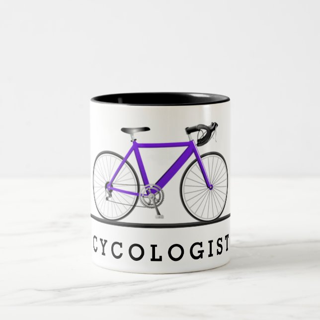 Cycologist text with purple bicycle Two-Tone coffee mug (Center)