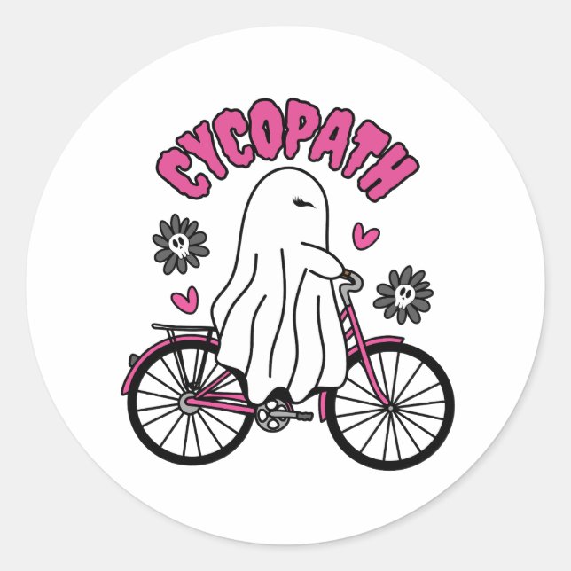 Cycopath Halloween Ghost on Pink Bicycle  Classic Round Sticker (Front)