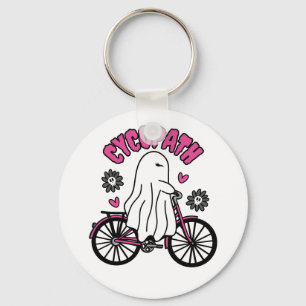 Cycopath Halloween Ghost on Pink Bicycle  Keychain