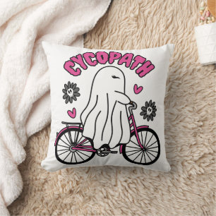 Cycopath Halloween Ghost on Pink Bicycle Throw Pillow