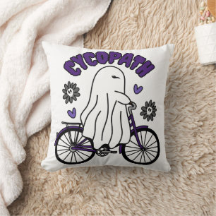 Cycopath Halloween Ghost on Purple Bicycle Throw Pillow