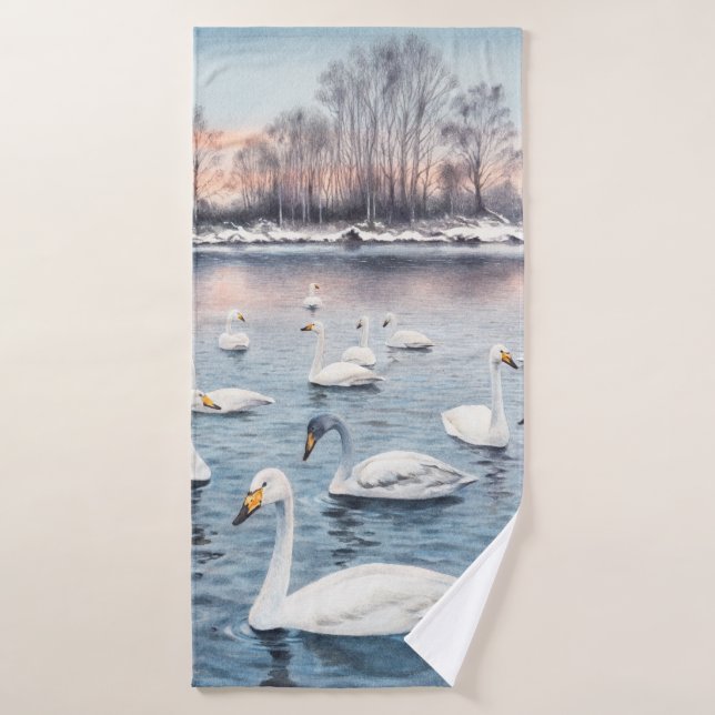 Cygne blanc muet sur un lac. Aquarelle (Serviette de bain)