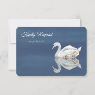 Cygne floral blanc sur le menu bleu Mariage RSVP