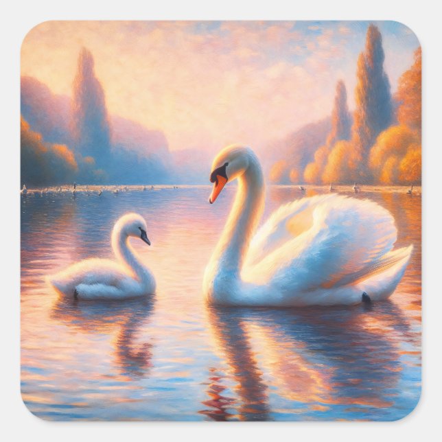 Cygnet and Swan Square Sticker (Front)
