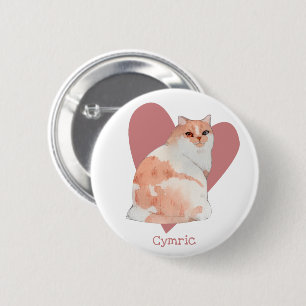 Cymric Cat Watercolor Kitty Pink Heart Button