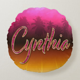 Cynthia First Name Golden pink cushcushion Round Pillow