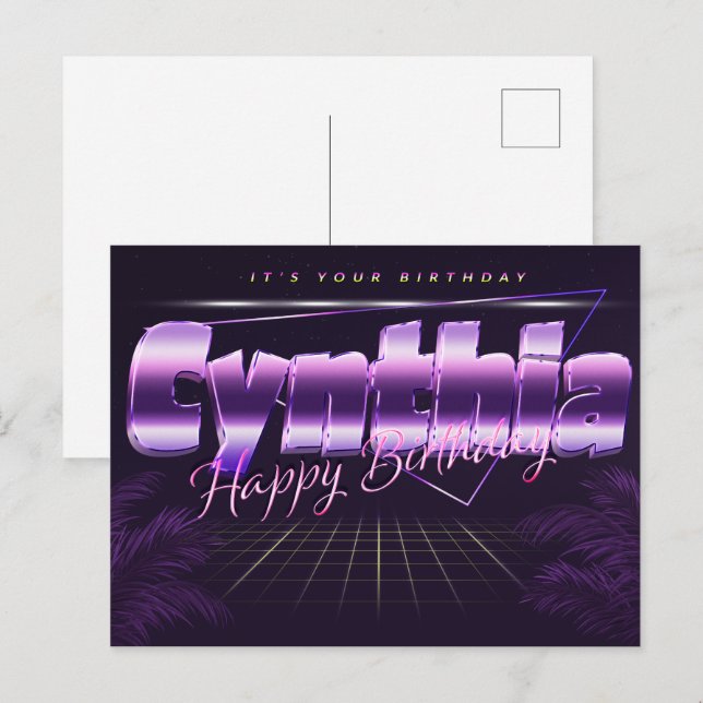 Cynthia's first name is purple postcard birthday (Front/Back)