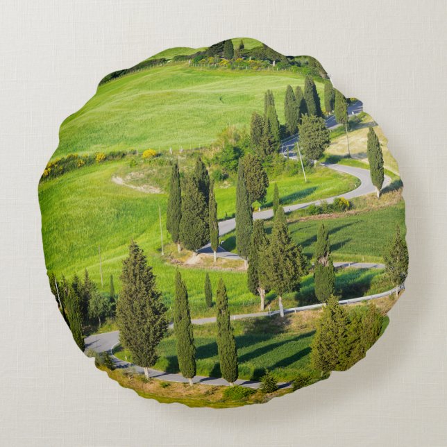 Cypress lined winding road in Tuscany round pillow (Back)