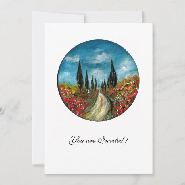 CYPRESS TREES AND POPPIES IN TUSCANY, red blue Invitation (Front)