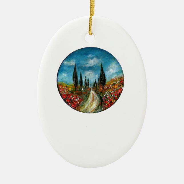 CYPRESS TREES AND POPPIES  IN TUSCANY ROUND CERAMIC ORNAMENT (Front)