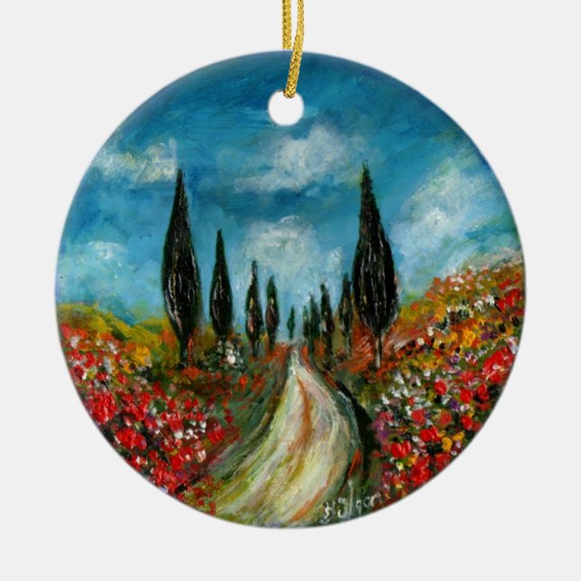 CYPRESS TREES AND POPPIES  IN TUSCANY ROUND CERAMIC ORNAMENT (Front)