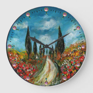 CYPRESS TREES AND POPPIES  IN TUSCANY ROUND LARGE CLOCK