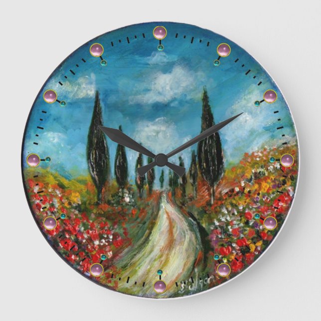 CYPRESS TREES AND POPPIES  IN TUSCANY ROUND LARGE CLOCK (Front)