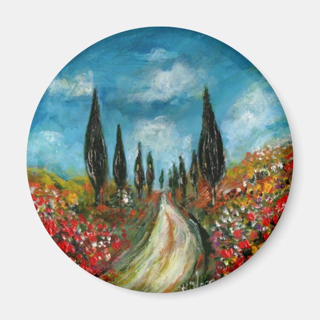 CYPRESS TREES AND POPPIES  IN TUSCANY ROUND MAGNET (Front)