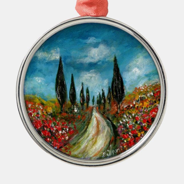 CYPRESS TREES AND POPPIES  IN TUSCANY ROUND METAL ORNAMENT (Front)