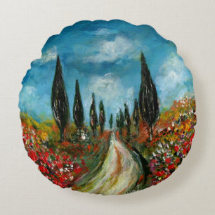 CYPRESS TREES AND POPPIES  IN TUSCANY ROUND PILLOW