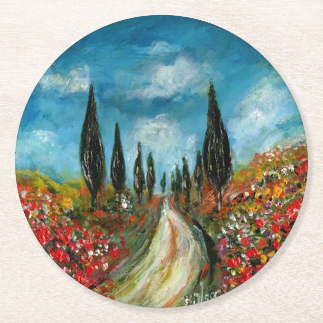 CYPRESS TREES AND POPPIES  IN TUSCANY ROUND ROUND PAPER COASTER (Front)