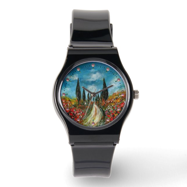CYPRESS TREES AND POPPIES  IN TUSCANY ROUND WATCH (Front)