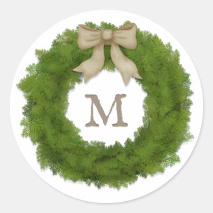 Cypress Wreath With Ivory Bow Custom Monogrammed Classic Round Sticker