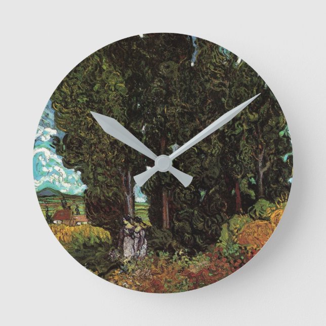 Cypresses with Female Figures by Vincent van Gogh Round Clock (Front)