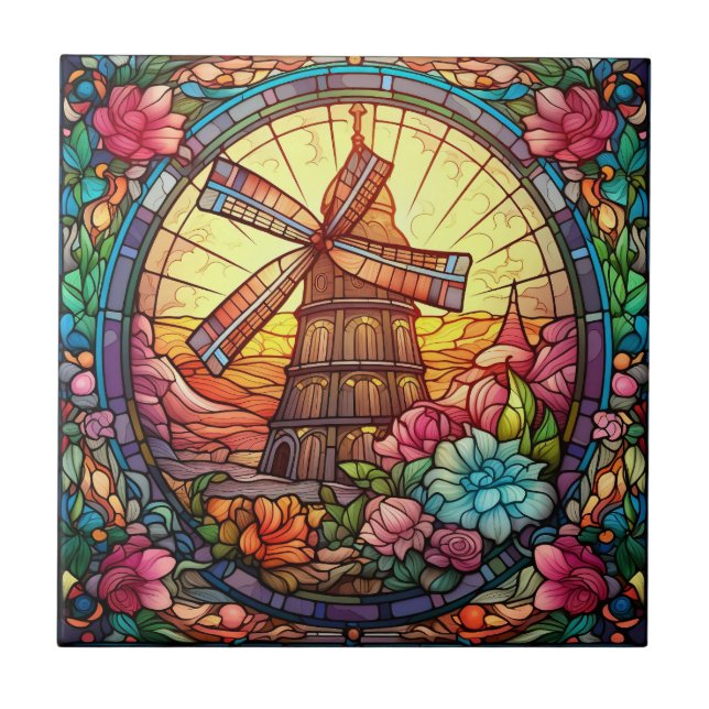 cyte faux stained glass windmill ceramic tile  (Front)